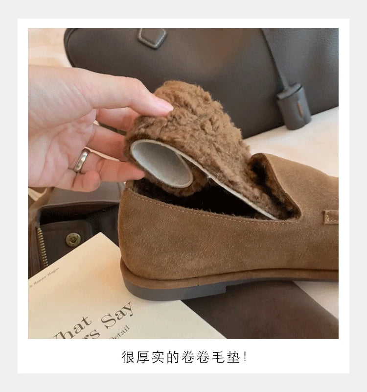 New Suede Leather Loafers Woman Round Toe Slip-on Casual Flat Shoes Wool Warm Winter Shoes Outdoors Walk Shoes Women