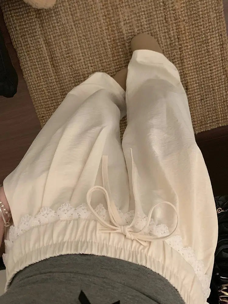 Women Lace Trim Wide Leg Pants Elastic Drawstring Waist Loose Casual Trousers Multiple Colors