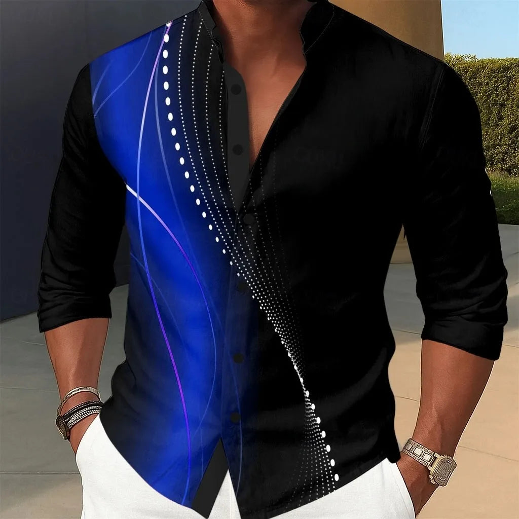 New men's geometric gradient line satin shirt, fashionable casual vacation day wear, lapel 3D printed button up shirt