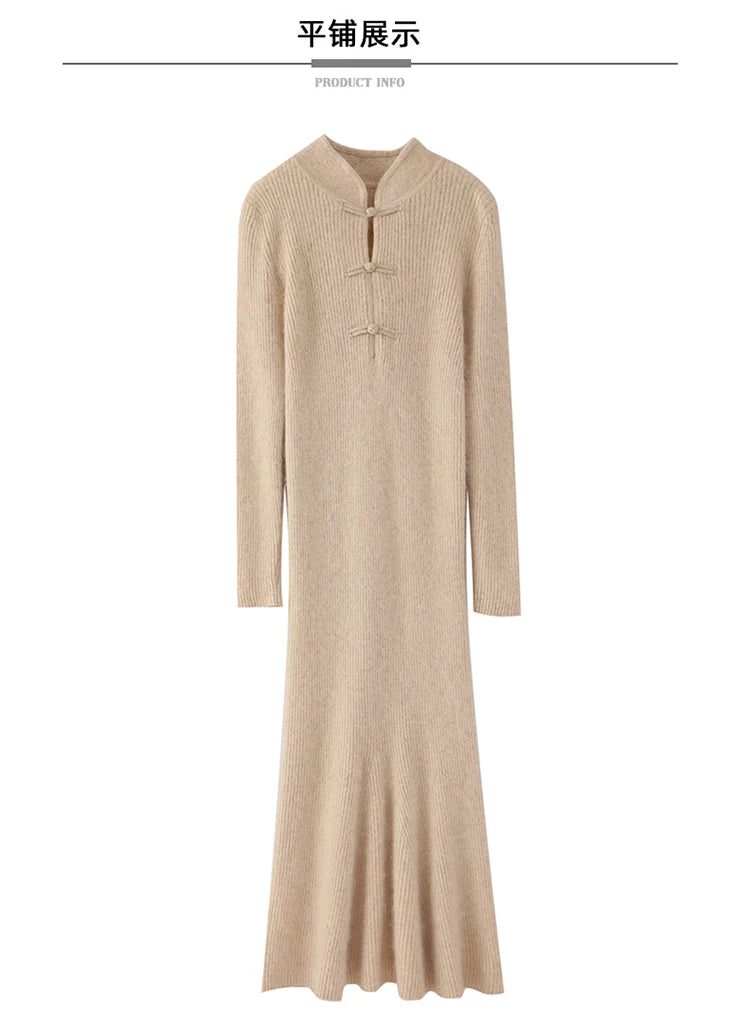 100% Mink Cashmere Knitted Dress Ladies Stand Collar Buckle Long Skirts Retro High Waist Over Knee Slim Dress New Thick Sweater