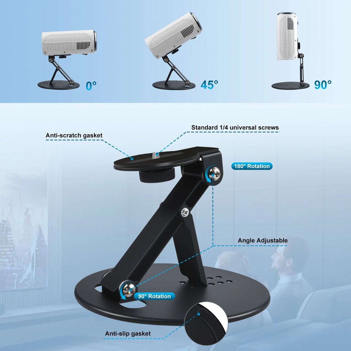 Desktop Projector Mount 180° Adjustable 3-in-1 Mounting Options Universal 1/4" Screw Sturdy Portable Max Load-Bearing 11 Pounds