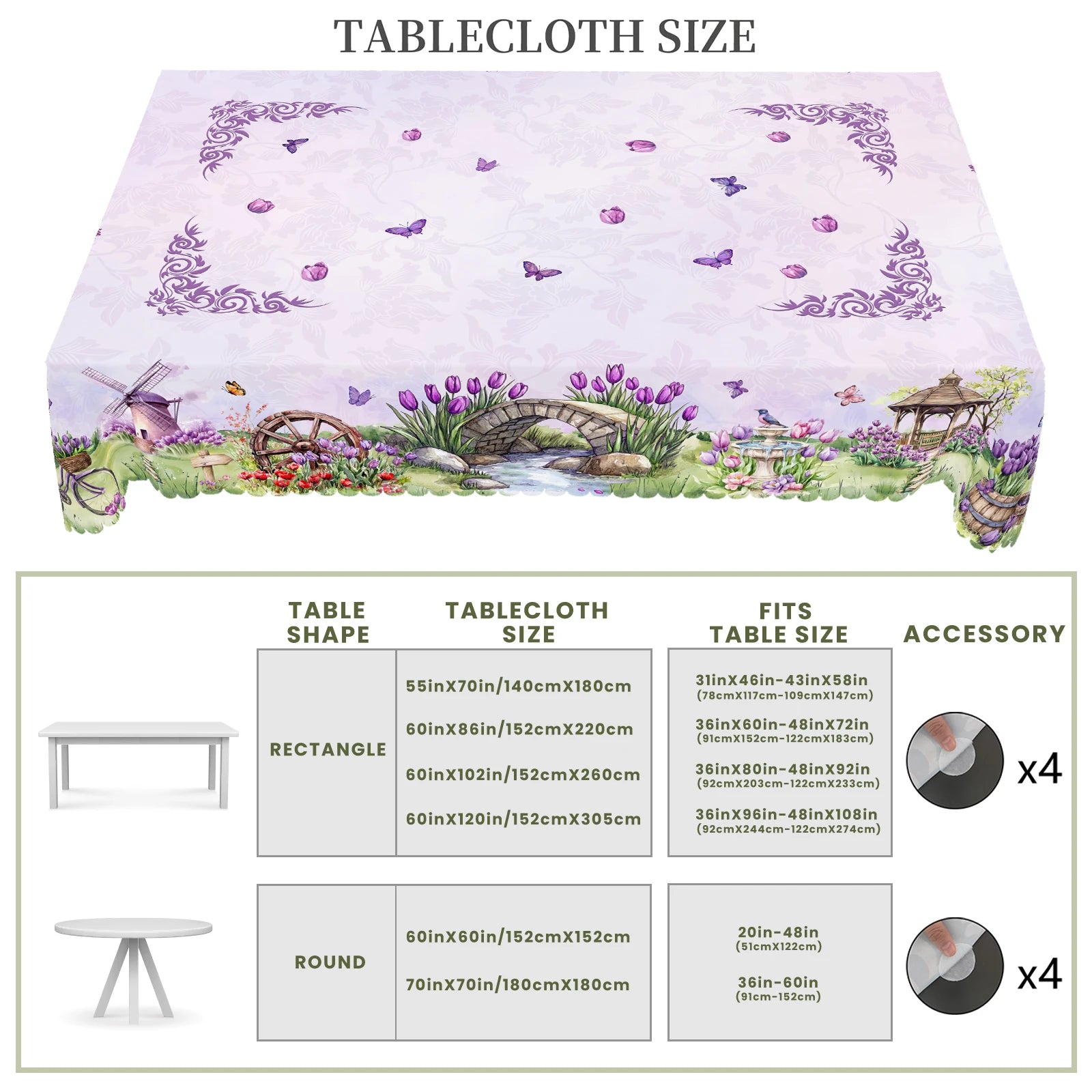 1 Piece of Spring/Summer Printed Round and Rectangular Tablecloth, Available in Various Sizes, with Purple Tulips and Lavender Interwoven, Featuring a Vintage Scroll Border and Butterfly Petal Embellishments, with Embossed Ed
