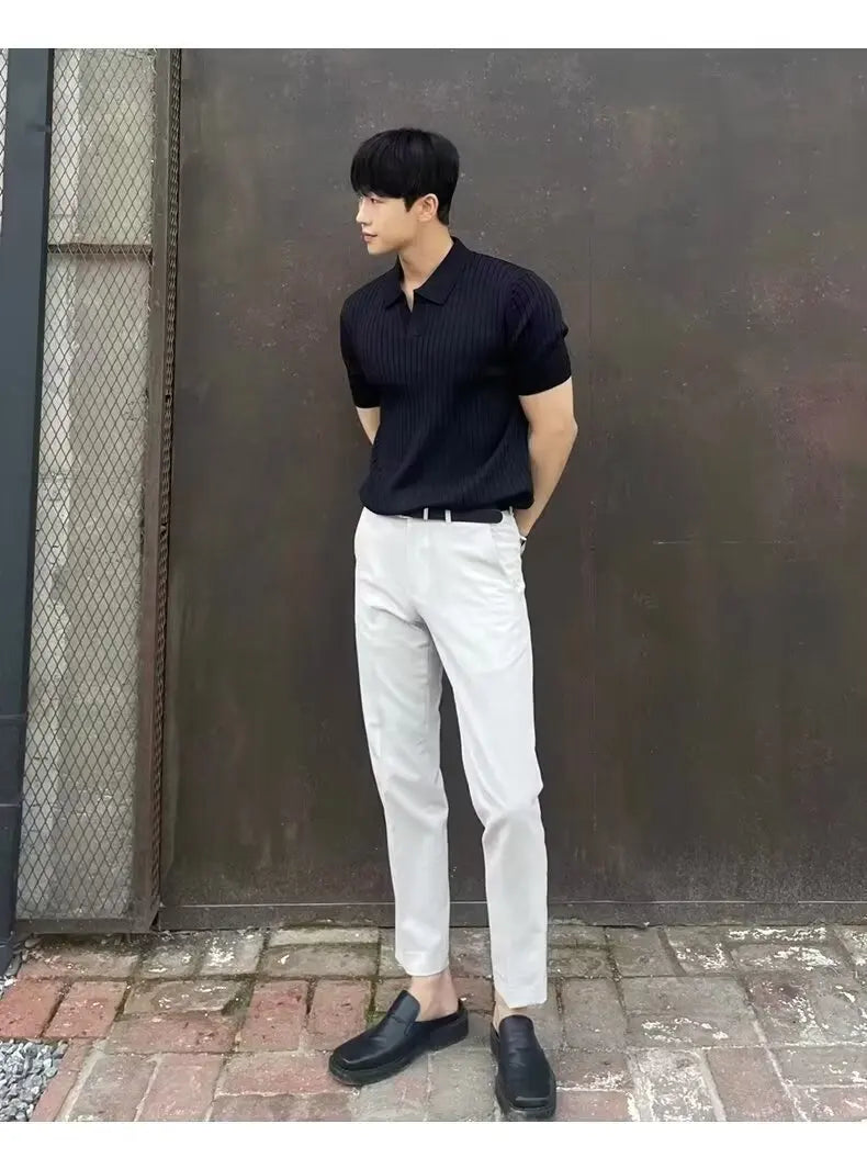Trendy Polo Shirt for Men Summer Solid Color Top Versatile Knit Style Korean Short Sleeves Casual Fashion T-shirt