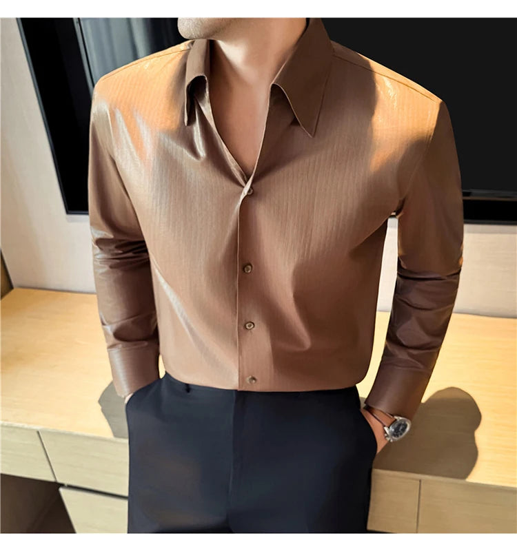 Men's 2026 Spring Luxury Lyocell Cotton Shirt, Leather-Like Texture Jacquard V-Neck, Long Sleeve Business Casual Top