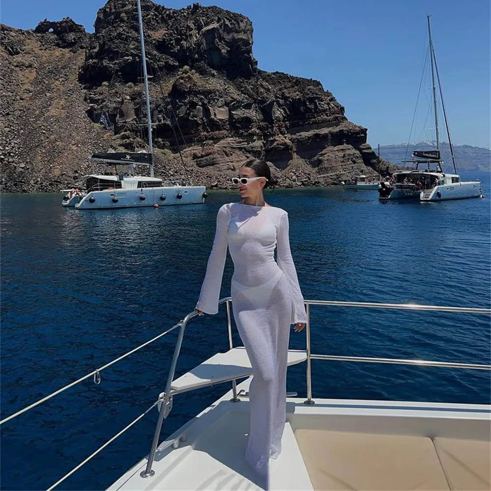 Women Summer Mesh Wrapped Dress Long Sleeve Round Neck See Through Sunscreen Solid Color Backless Beach Long Dress