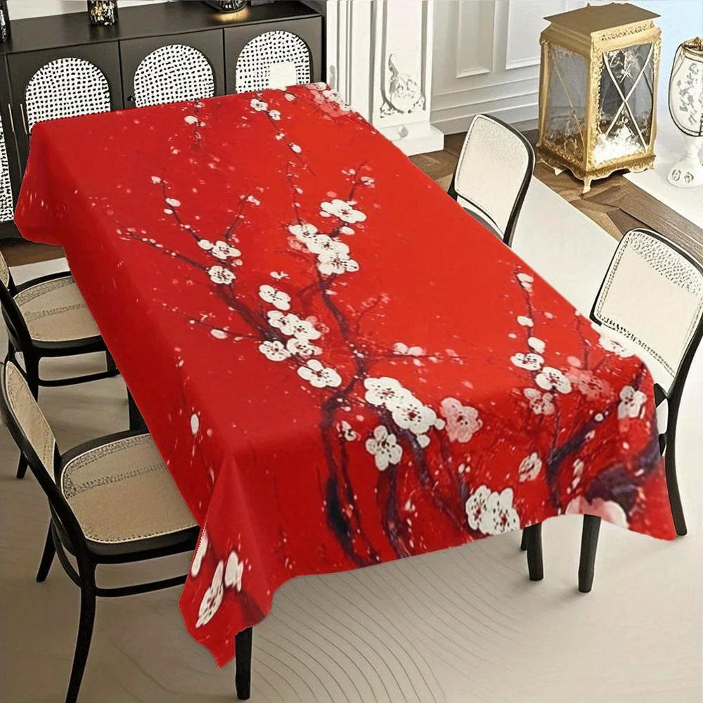 Chinese New Year Waterproof Tablecloth for Table Decor Golden Cherry Blossom Floral Print Table Cloth Holiday Party Decorations