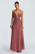 Women Elegant Deep V-neck Pleated Strapless Dress Chic Off-shoulder Backless Split Maxi Dresses 2026 Lady Evening Party Vestidos