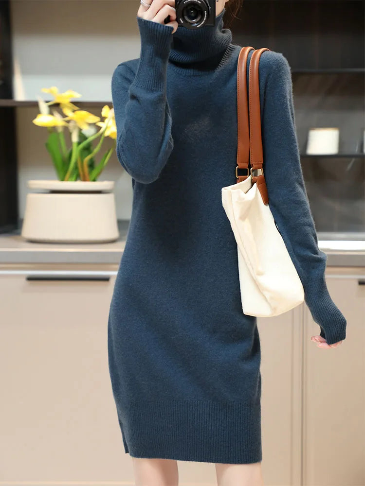 Elegant Cashmere Sweater Womens Dresses 100% Merino Wool Autumn Winter Turtleneck Knitted Dress Female Casual Long-Sleeve Skirts