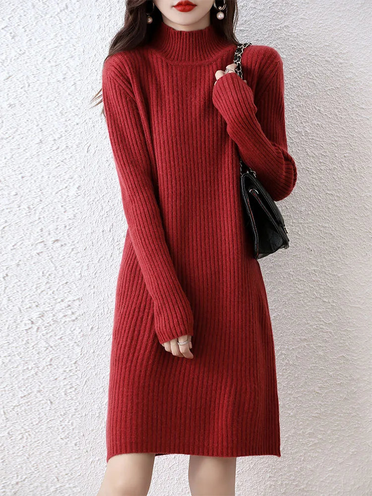 Fashion Cashmere Sweater Womens Knitted Dresses 100% Merino Wool Turtleneck Elegant Dress Autumn Winter Long Sleeve Short Skirts