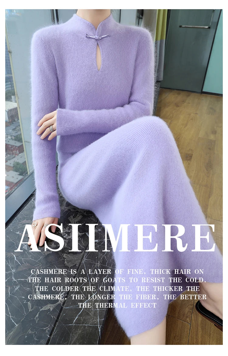Women' 100%Pure Mink Cashmere Dress Stand-Up Collar Buckle Slim Knit Long Skirt Fashion High Waist Over The Knee Bottoming Dress