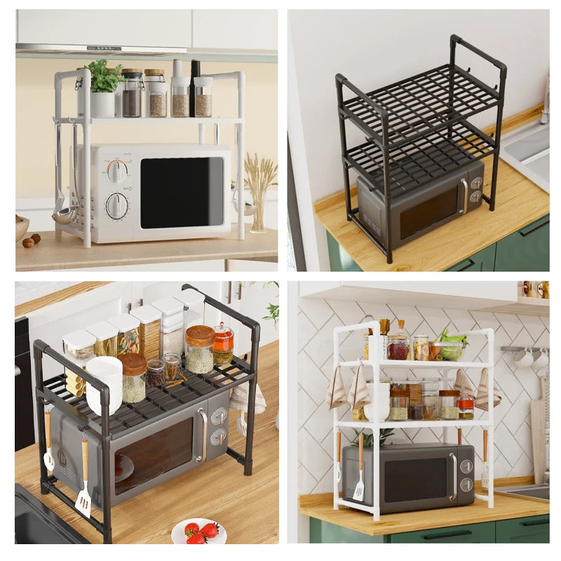2/3 Floor Microwave Oven Rack, Kitchen Countertop Storage Rack, With Hooked Metal Appliance Rack, Saving Kitchen Shelf Space