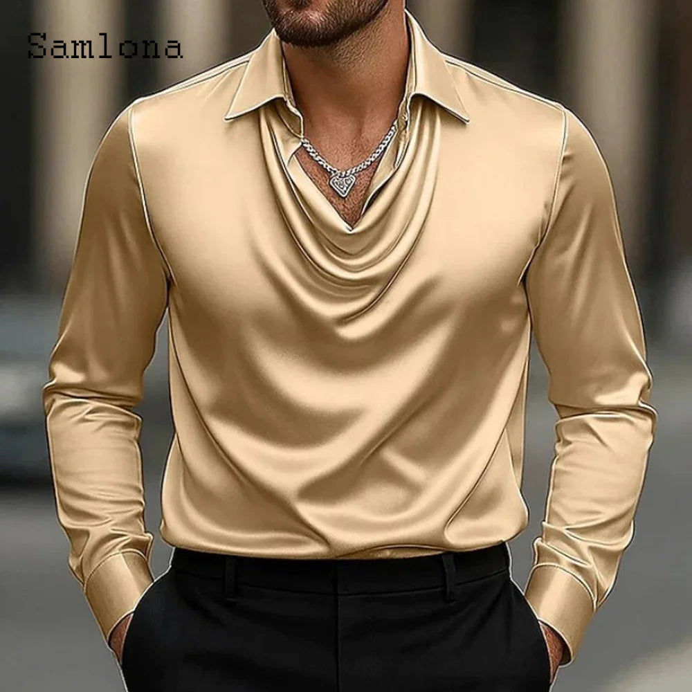 Men Long Sleeves Notched Shirt Clothing 2025 European Fashion Basic Top Solid Silver Gold Blouse Mens Casual V-neck Shirts Homme