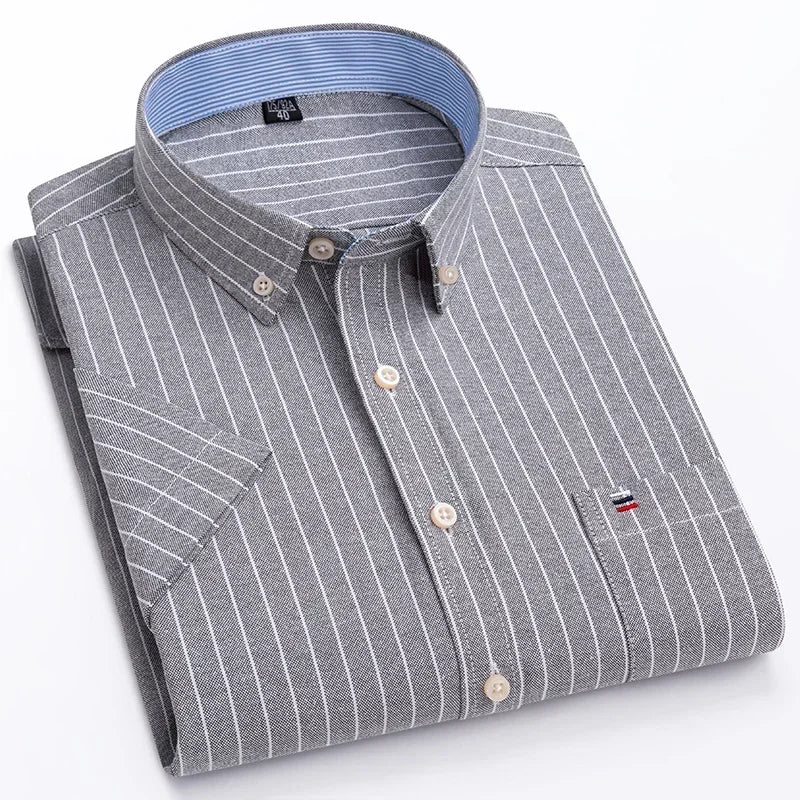 2025 100% Pure Cotton Men's Oxford Short Sleeve Square Collar Soild Plaid Striped Summer Casual Shirts Single Pocket  Shirt
