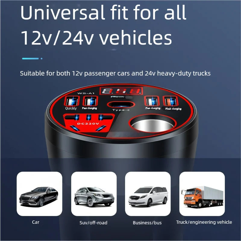 Car Power Inverter 12V / 24V to 220V Multi-Functional Power Converter LED Display Multi-Functional Car Socket Fast Charger
