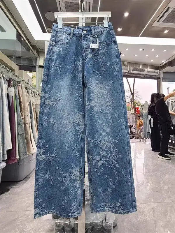 Korean Niche Jacquard Wide-leg Jeans Women Summer Trousers New Design Sense High-waist Casual Straight-leg Floor-length Pants