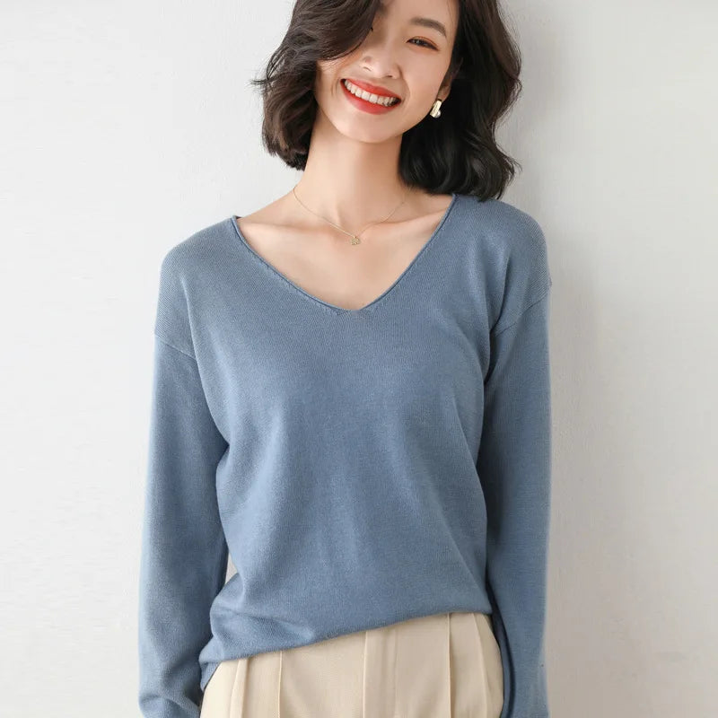 2025 Spring Autumn Womens Sweater Solid Knitwear Korean Loose Female Basic Casual Jumpers Stretch Pullover Sky Blue Pink Sweater