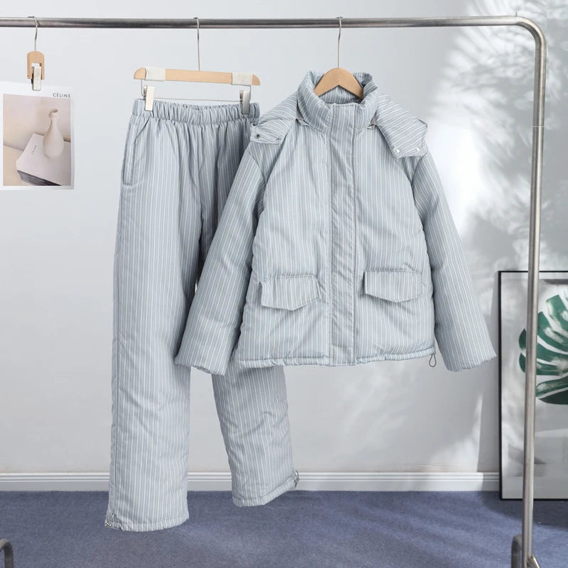 Casual Women's Stripe Set With Hat Full Sleeve Cotton Padded Coat Straight Pants Female Loose Sets 2026 Autumn Winter Lady Suit