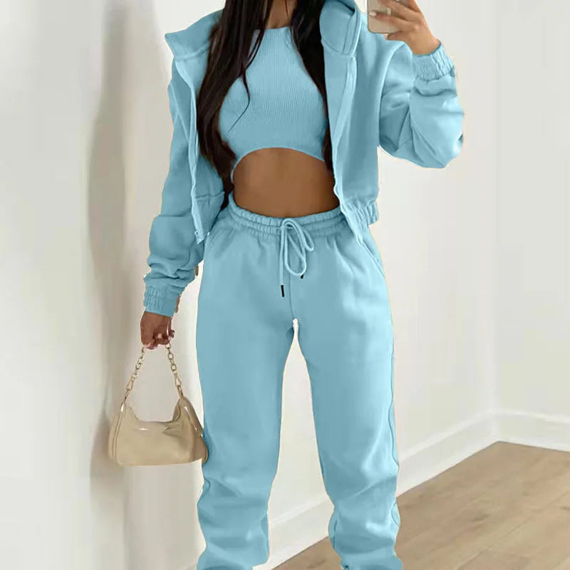 Women's Casual Three-Piece Set: Spring/Autumn European and American Style Fleece Hooded Sweatshirt and Sportswear