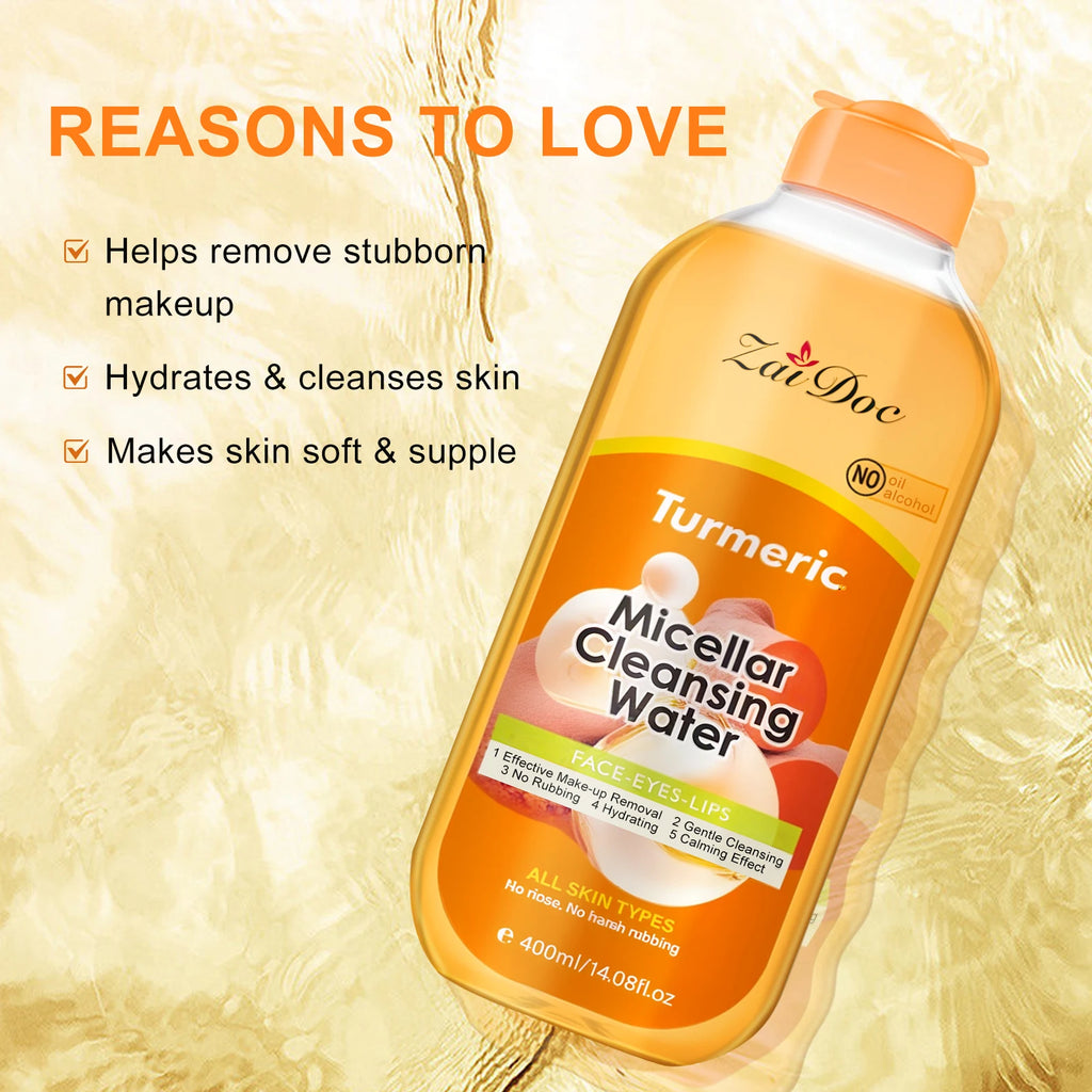 ZaiDoc Turmeric/Cherry Blossom Micellar Cleansing Water Makeup Remover No Rinse No Rubbing All Skin Types Face Eyes Lips 400ml Each