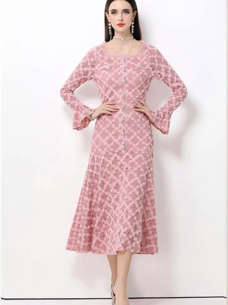 Elegant Square Neck Lace Three-Dimensional Flower Trumpet Sleeve Slim Fit Dress 2025 New Fashionable Autumn Women'S Clothing