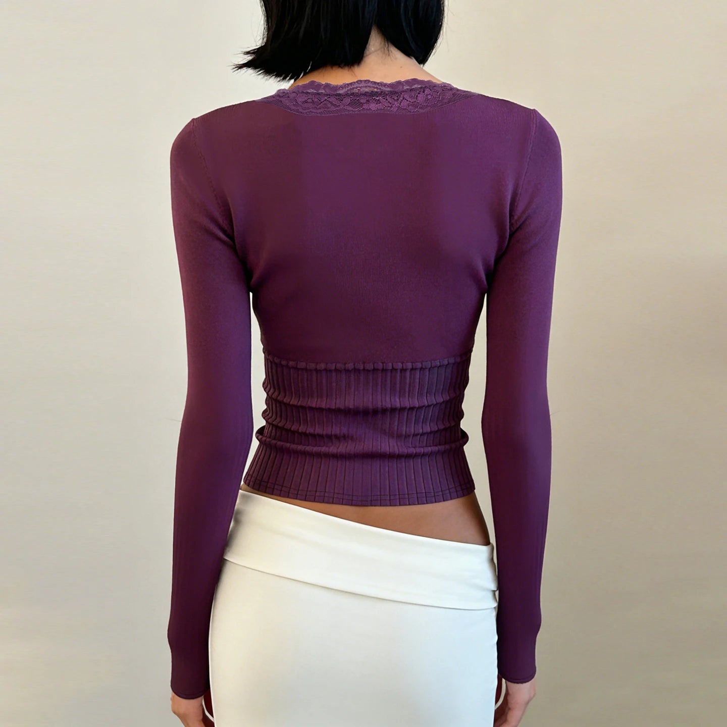 SUCHCUTE Purple Elegant Lace Patchwork V-Neck Slim Knit Top Women Casual Long Sleeves Tees Fashion Sexy Clothing Spring Outfits