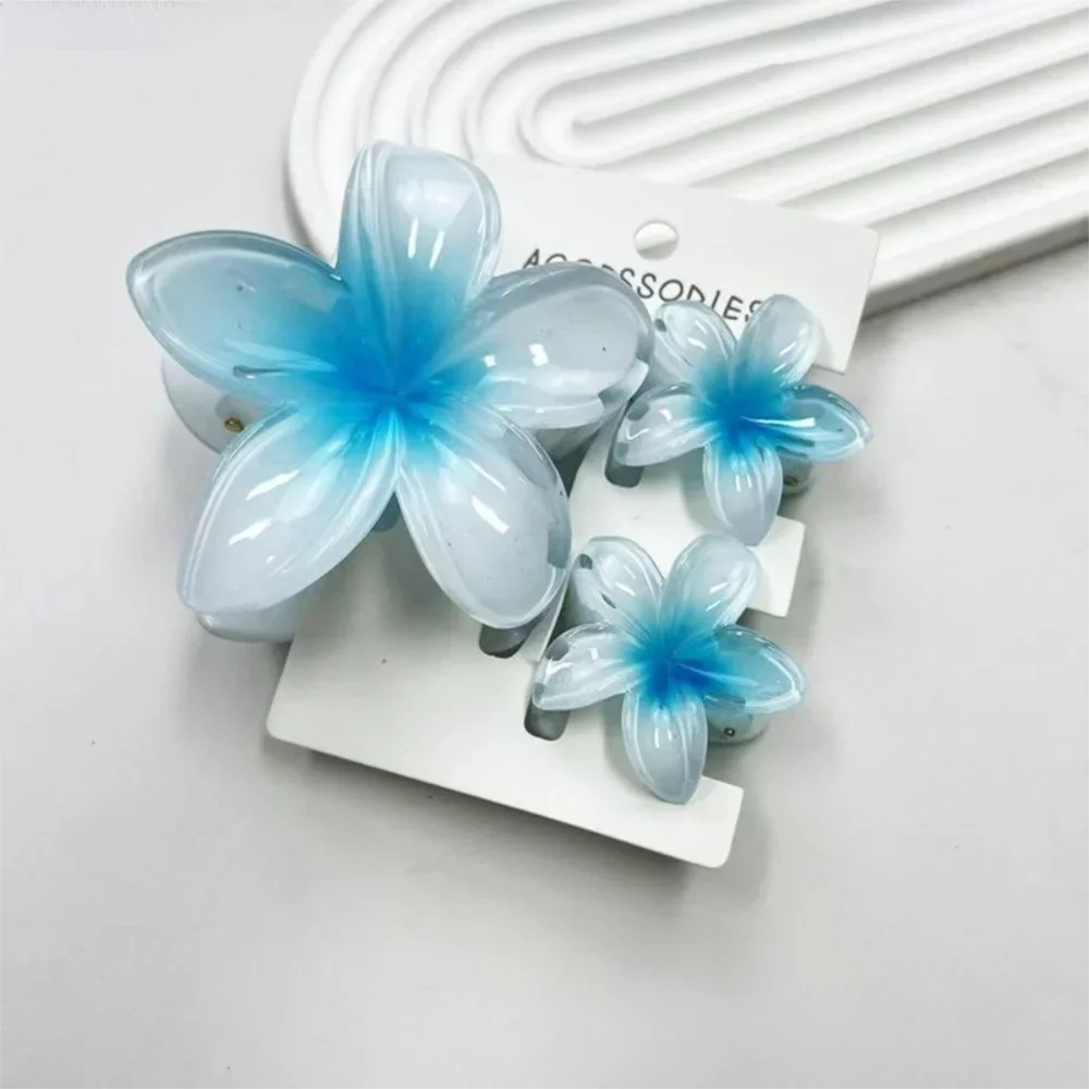3Pcs/Set Women's Gradient Shark Hair Claw Clips Plumeria Flower Ponytail Barrettes Hawaiian Style Hairpins for Girls