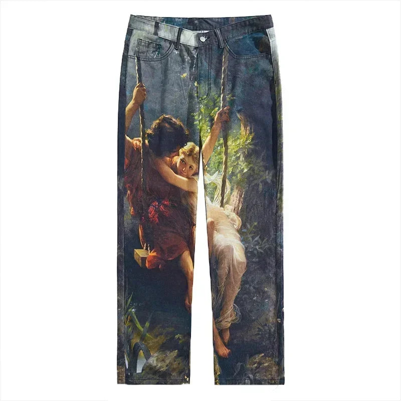 European and American Street Men's Fashionable 3D Digital Pattern Printed, Ink-splashed and Tie-dyed Straight-leg Jeans.