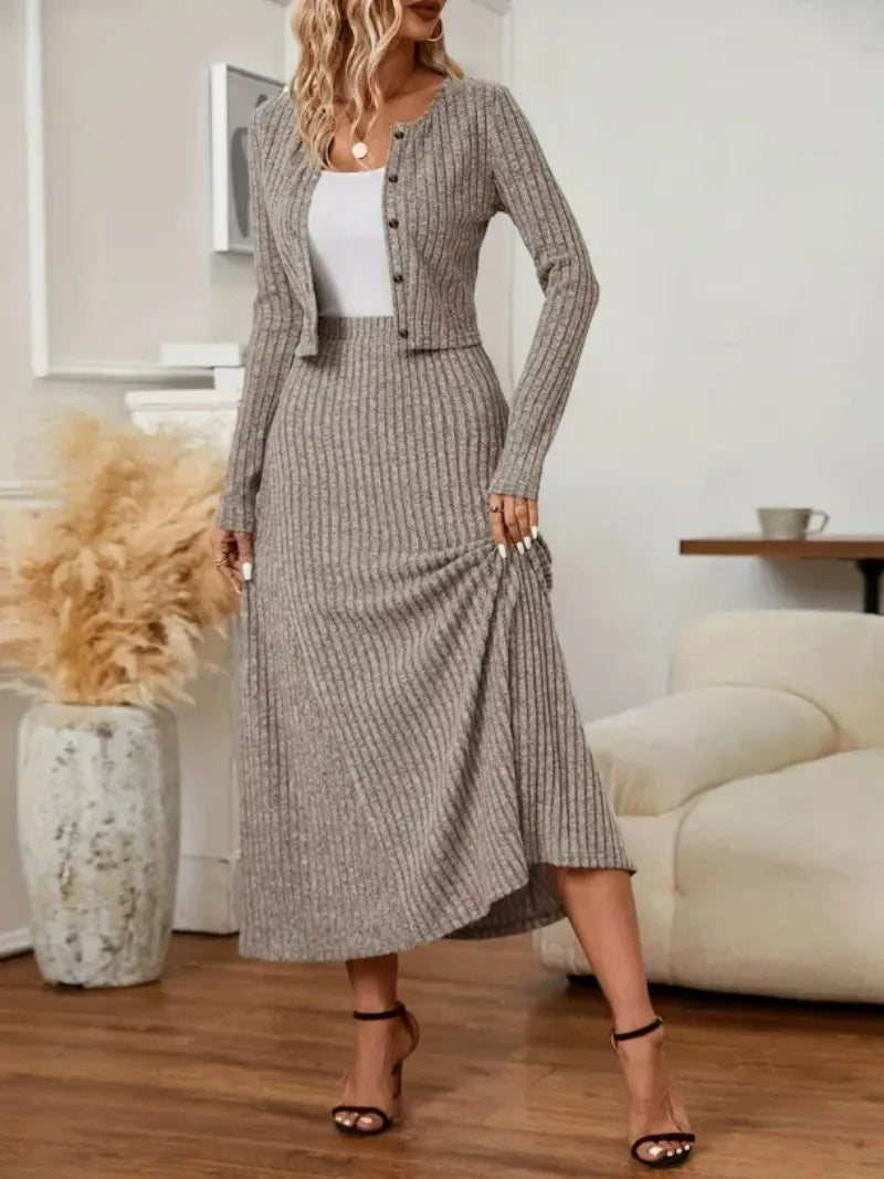 Elegant Women's Woolen Dress Set, Autumn and Winter Half Length Skirt and Cardigan Set, 2-Piece Set, Knitted Matching Set
