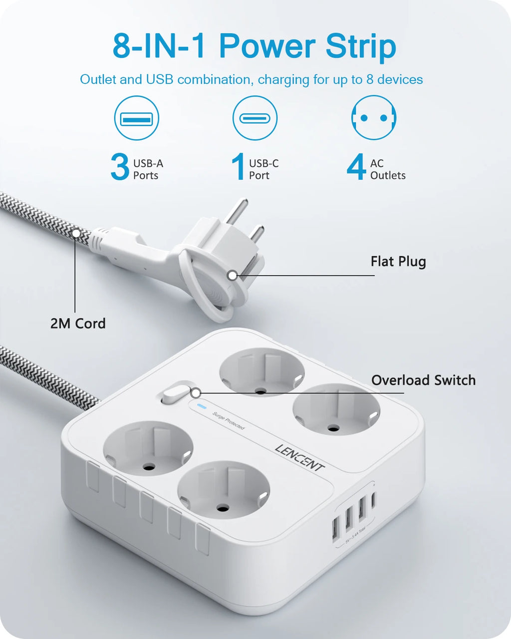 LENCENT EU Plug Power Strip  with 4 AC + 3 USB + 1 Type C 2M/3M Braided Cable 700J Surge Protection Socket with Switch for Home
