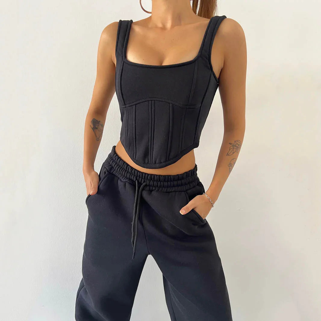 Women's Casual Sweatpants Set Belted Hooded Short Hoodie Corset Three-Piece Autumn Winter Comfortable Polyester Plus Size