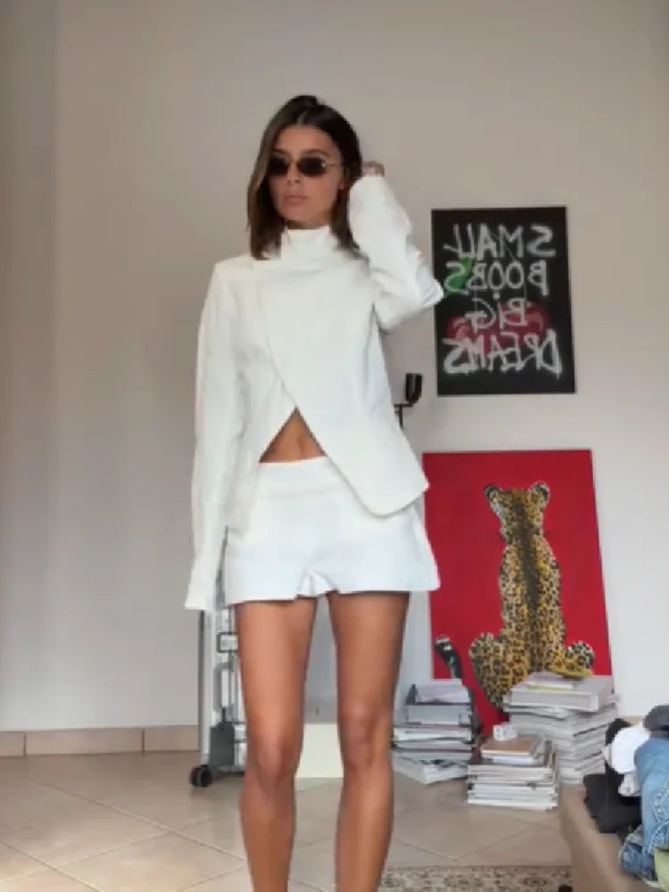 2026 New Women's 2 Piece Set High Neck Long Sleeve Twisted Cut Out Top + Shorts Suit Elegant Casual Office Streetwear Outfit