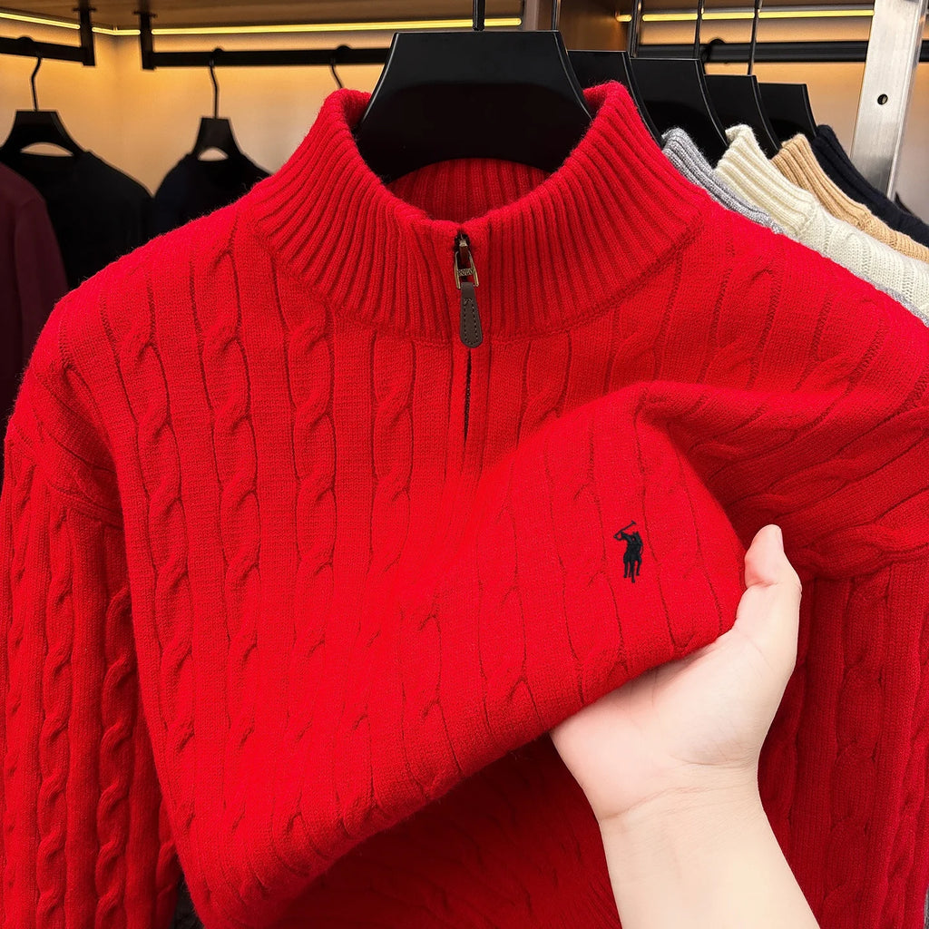 Fashion Half Zipper Sweater Men's Winter Warmth New exquisite jacquard design luxury brand golf pony embroidery knitted pullover