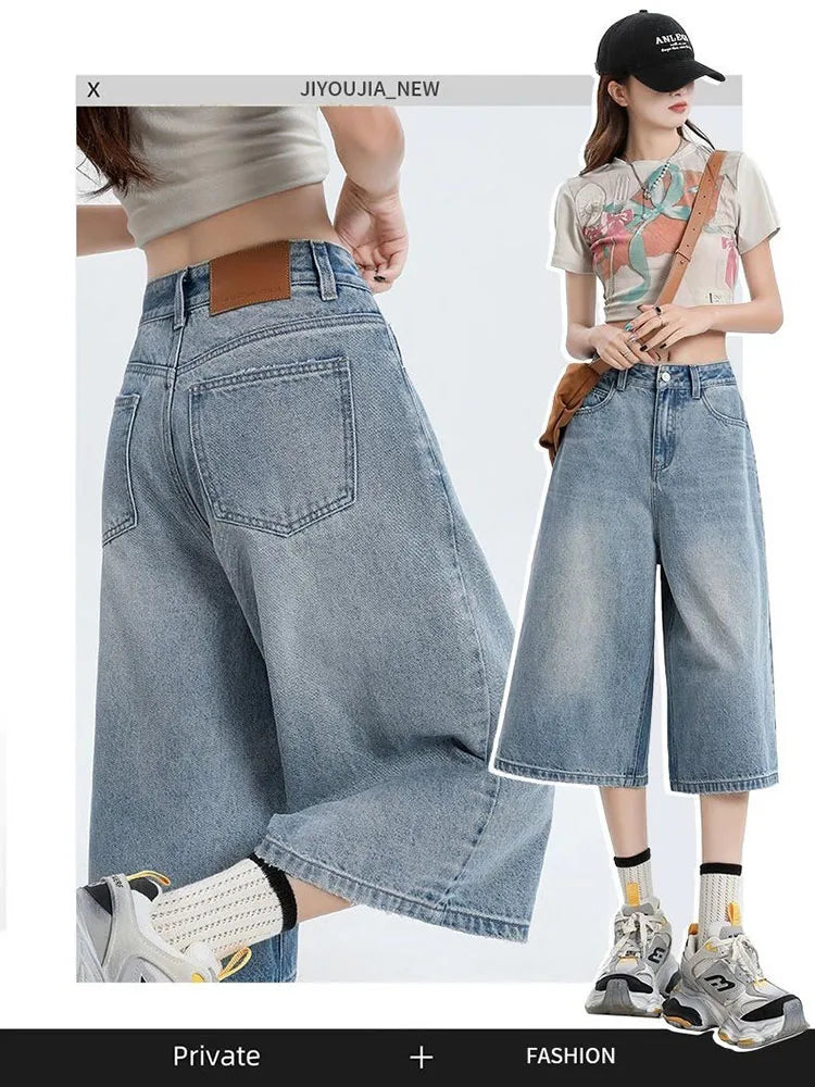 Women's Retro Casual Jeans  Summer New Wide-Leg Pants  High-Waisted Plus-Size Pear-Shaped Body-Camouflaging Straight Leg Pants