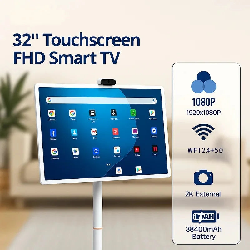 32” Android 15 Floor Stand TV, 6G+128G Smart Screen with Remote Controller, 2K Camera Video Call, Inbuit 148WH Battery Power