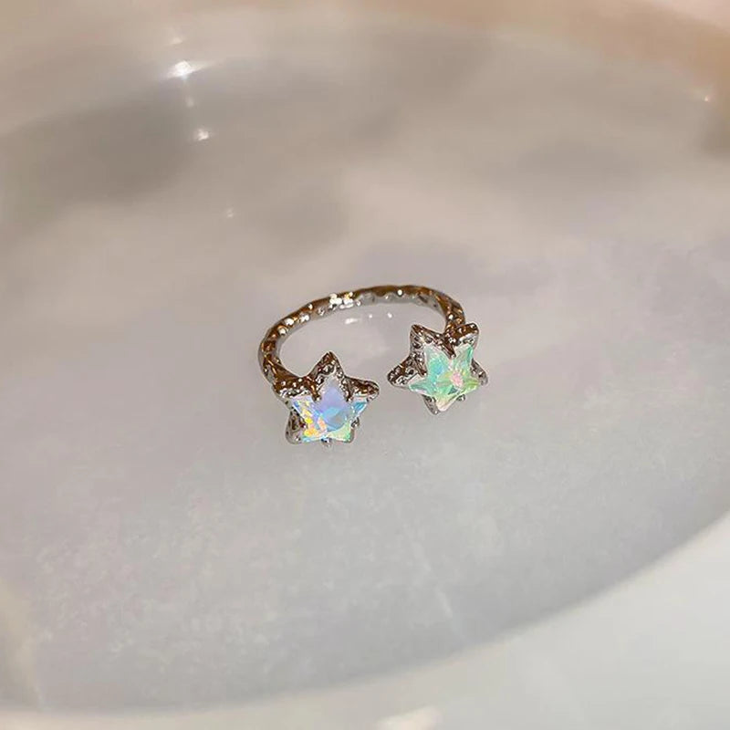 New Blue Planet Star Moon Rings for Women Zircon Rhinestone Pearl Open Finger Rings Sweet Party Y2K Jewelry 2000S Girls Gifts