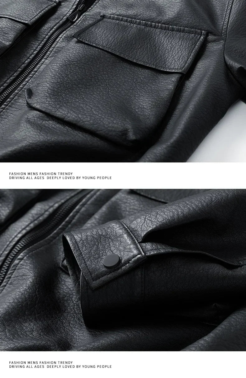 Men Trend Motorcycle Leather Jacket Bomber Pilot Retro Loose Pu Short Leather Jacket Autumn Winter New Lapel Big Pocket Coat