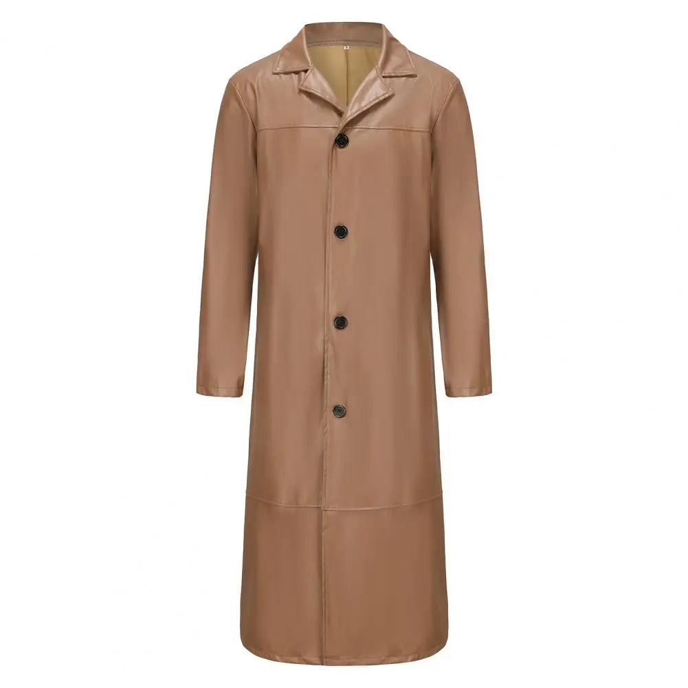 Men Faux Leather Jacket Stylish Men's Faux Leather Trench Coat with Turn-down Collar Windproof Design Slim Fit for Long