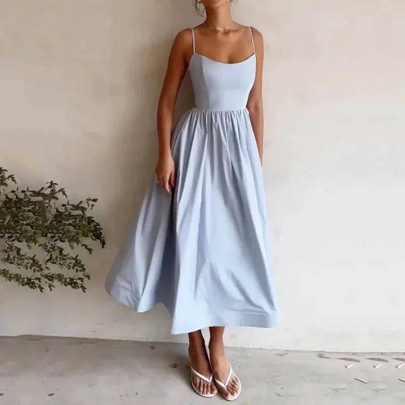 KIDCRKJ Women's U-neck Summer Dress Elegant Sleeveless Camisole Slim Pleated Sundress Loose Host A Performance Party Long Dress