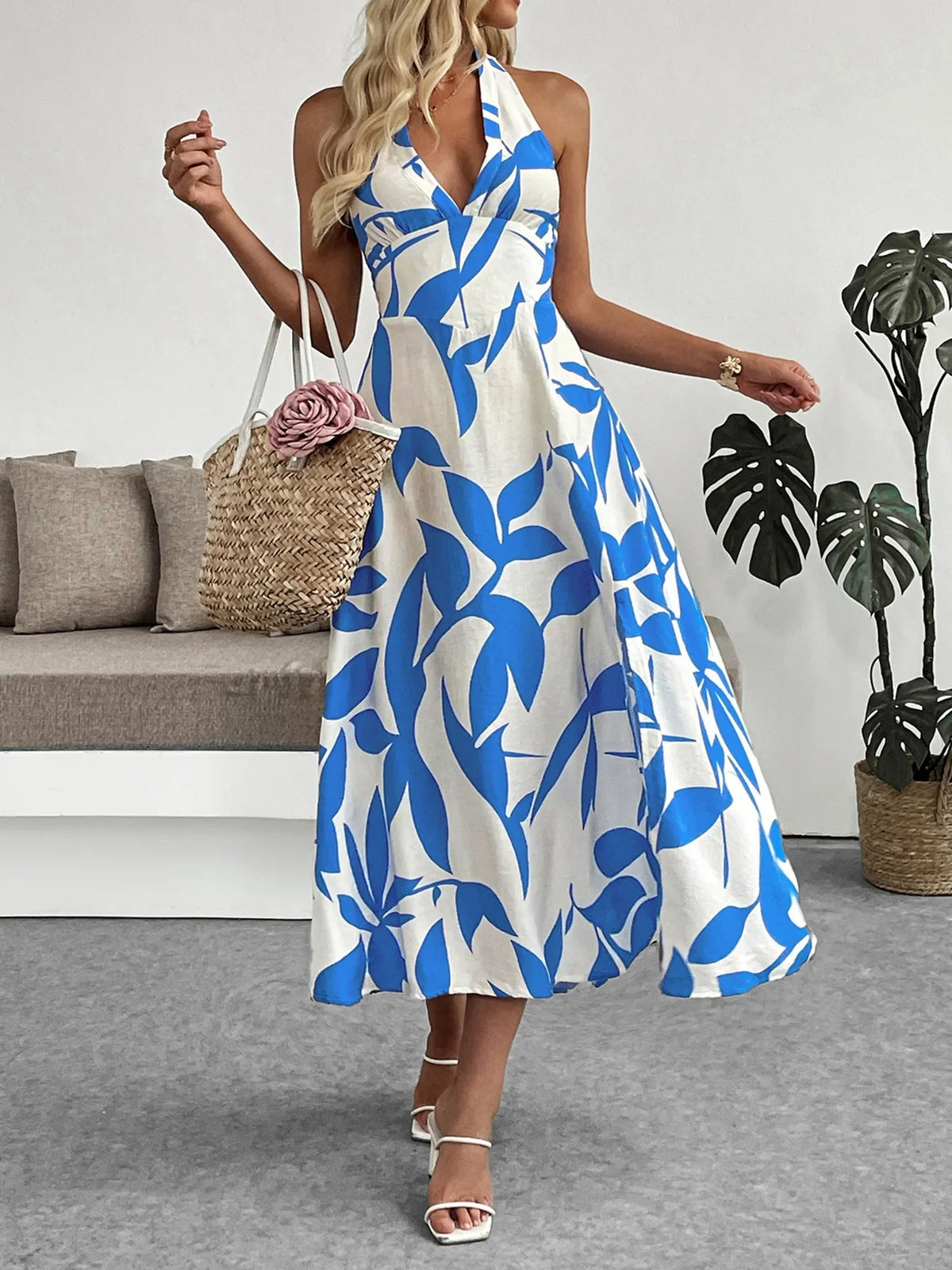 Vacation Floral Print Women's Summer Halter Neck Backless Casual Long Dress Sexy Boho Sleeveless Beach Party Maxi Dresses Ladies