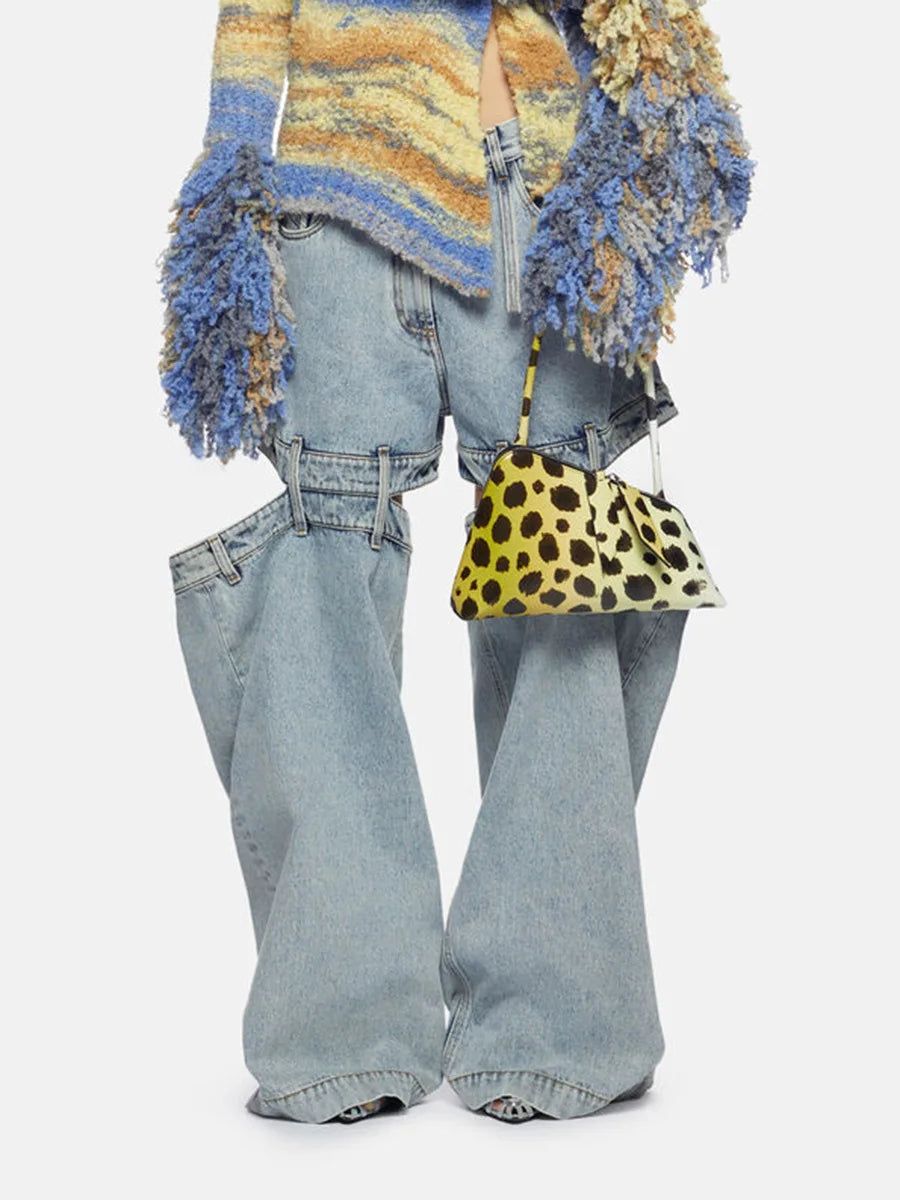 Fashion Women's Denim Pants Loose Waist Zip Hollow Out Solid Color Wide-leg Floor-length Jeans Autumn 2023 New Tide