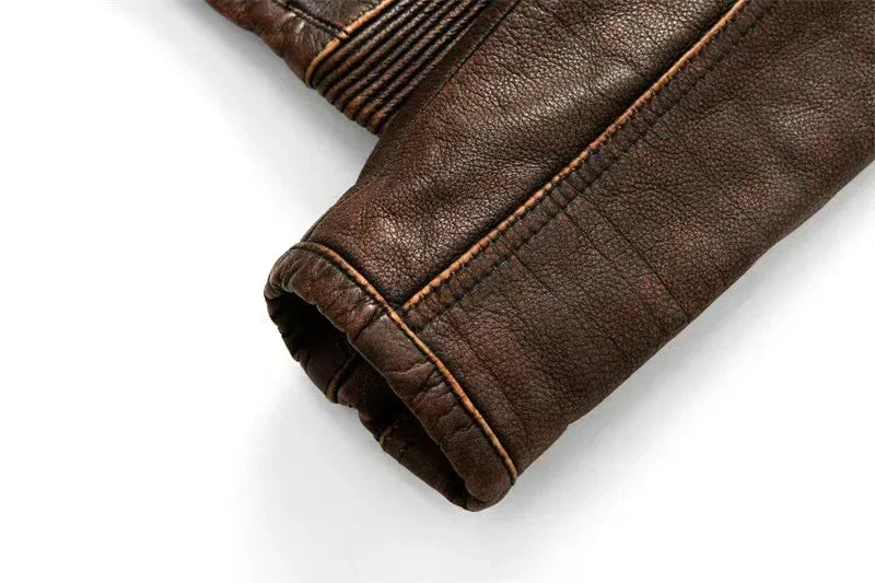 2023 New Motorcycle Causal Vintage Leather Coat Men Autumn Outfit Fashion Biker Pocket Design Top Layer Cow Leather Jacket