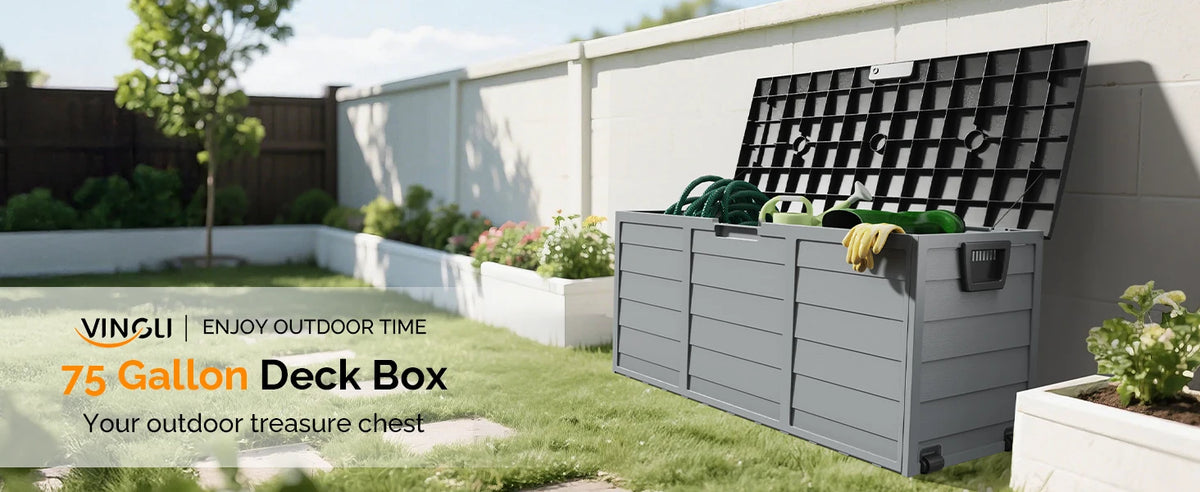 VINGLI 75 Gallon Outdoor Storage Box Lockable Plastic Deck Box Waterproof with Wheels for Garden Pool Patio Black
