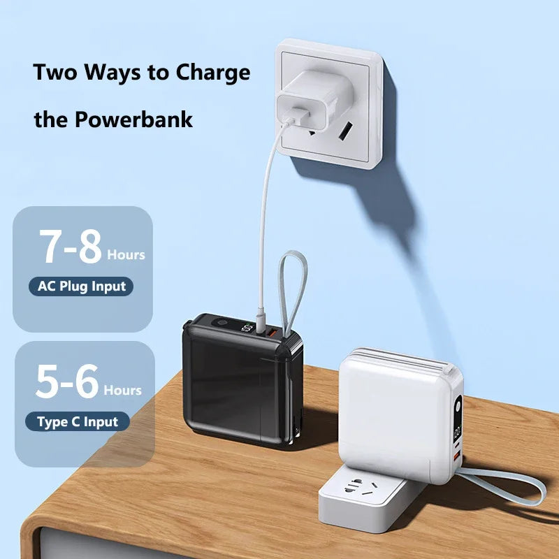 30000mAh Power Bank Built in Cable with AC Plug Wall Charger 22.5W Fast Charging Powerbank for IPhone Xiaomi External Battery
