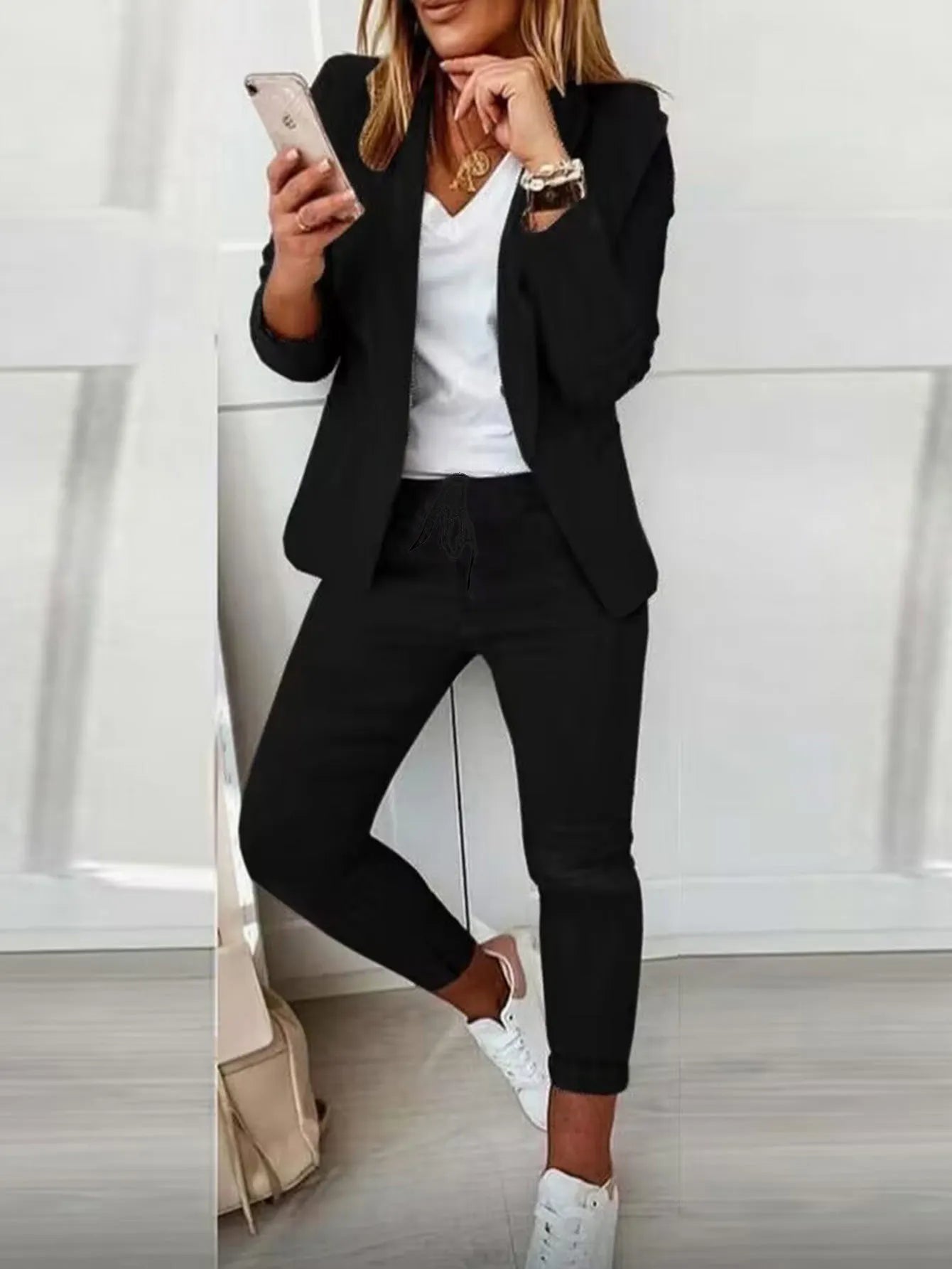 2026 Women Two Piece Pant Suit Set Outfits Spring Autumn Turn Down Print Blazer Coat Drawstring Pants Suit Women Casual Sets