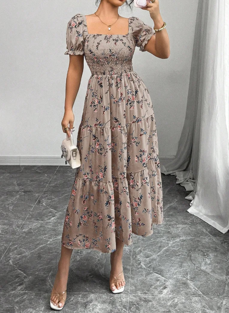 Spring and Autumn Women's Square Neck Short Sleeve Long Skirt Fresh Printed Casual Fashion Slight Backless Temperament Dress
