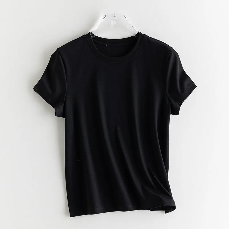Birdtree 7%  Silk 62% Cotton Solid Female Tshirt,Woman O-neck Short Sleeve Fit Shirt,2025 Spring Summer New T57615JF
