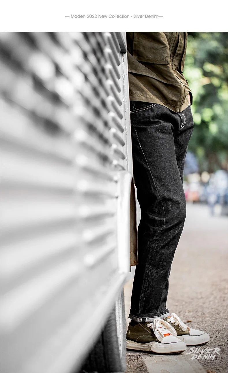 Maden Vintage 13OZ Sliver Denim Jeans for Men Selvedge Raw Denim Autumn Mid-waisted Straight Pants Male Versatile Trousers