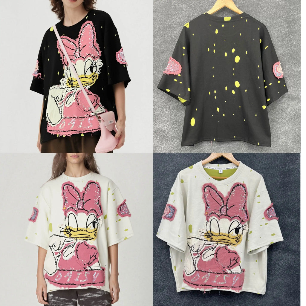 European and American style loose women's T-shirt short sleeved Daisy cartoon printed embroidered hole design top