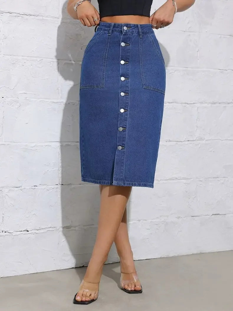 Women High Waist Stretchy Denim Pencil Skirt Midi Length Knee-Length Slit Bodycon Flattering Casual Daily Streetwear