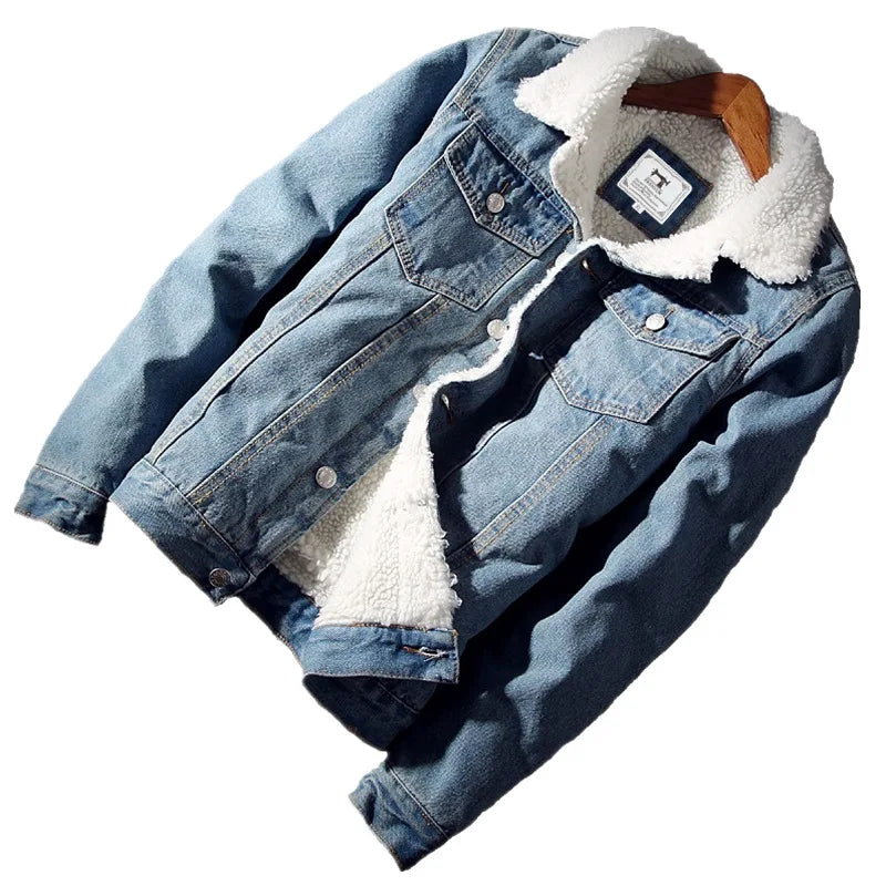 Autumn Winter Fleece Denim Jacket Men's Slim Thick Sherpa Casual Outerwear